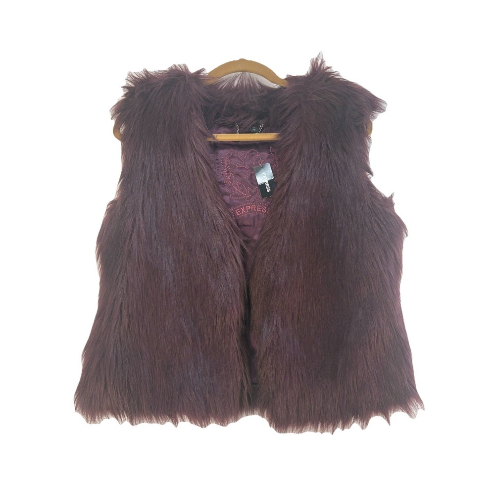 Express Women's Plum‎ Faux Fur Vest Large Burgundy Purple Boho Glam Shaggy NWT